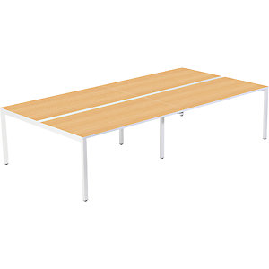 4er-Teamschreibtisch, Breite 1200 / 2400 mm, Tiefe 600 / 1260 mm, weiß / Buche.