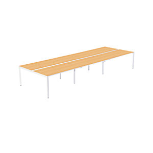 6er-Teamschreibtisch, Breite 1200 / 3600 mm, Tiefe 600 / 1260 mm, weiß / Buche.
