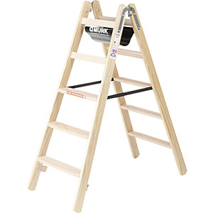 Holz-Stufenstehleiter, beidseitig begehbar, 2 x 5 Stufen, Arbeitshöhe 2700 mm.