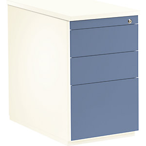 Schubladencontainer, HxT 720 x 800 mm, 2 Materialschübe, 1 Hängeregistratur, reinweiß / taubenblau / reinweiß.