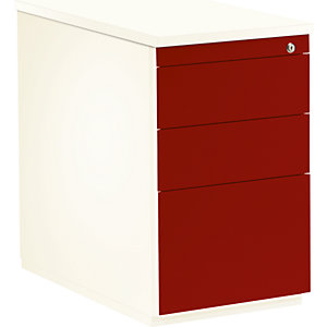 Schubladencontainer, HxT 720 x 800 mm, 2 Materialschübe, 1 Hängeregistratur, reinweiß / rubinrot / reinweiß.
