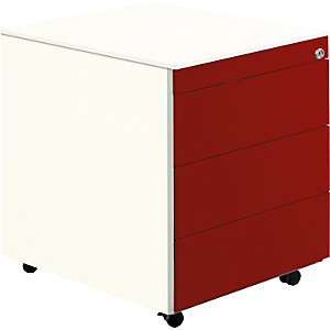 Schubladencontainer mit Rollen, HxT 570 x 600 mm, Stahlplatte, 3 Schubladen, reinweiß / rubinrot / reinweiß.