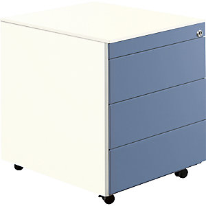 Schubladencontainer mit Rollen, HxT 570 x 600 mm, 1 Materialschub, 1 Hängeregistratur, reinweiß / taubenblau / reinweiß.