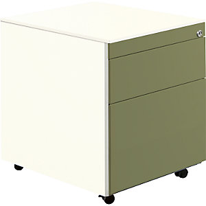 Schubladencontainer mit Rollen, HxT 570 x 600 mm, 1 Materialschub, 1 Hängeregistratur, reinweiß / schilfgrün / reinweiß.