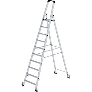 Stufen-Stehleiter, einseitig, Ausführung mobil, 10 Stufen, Plattformhöhe 2340 mm.