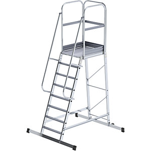 Alu-Podestleiter, einseitig begehbar, fahrbar, 8 Stufen.