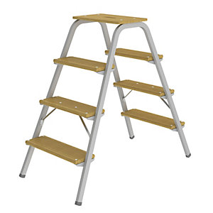 Stahlrohr-Tritt mit Holzstufen, ohne Rollen, 4 Stufen inkl. Plattform.