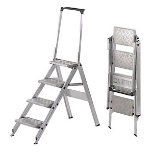 Alu-Klapptreppe, Stufen Aluminium geriffelt, mit Sicherheitsbügel, 4 Stufen.