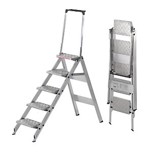Alu-Klapptreppe, Stufen Aluminium geriffelt, mit Sicherheitsbügel, 5 Stufen.