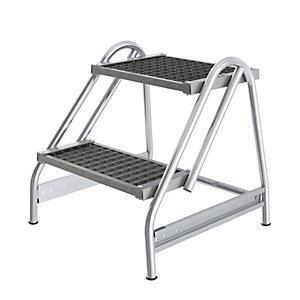 Aluminium-Arbeitspodest, Stufen aus Stahl-Gitterrost, einseitig begehbar, 2 Stufen.