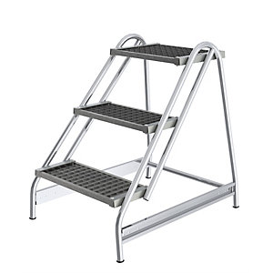 Aluminium-Arbeitspodest, Stufen aus Stahl-Gitterrost, einseitig begehbar, 3 Stufen.
