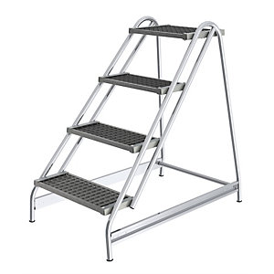 Aluminium-Arbeitspodest, Stufen aus Stahl-Gitterrost, einseitig begehbar, 4 Stufen.