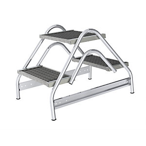 Aluminium-Arbeitspodest, Stufen aus Stahl-Gitterrost, beidseitig begehbar, 2 Stufen.